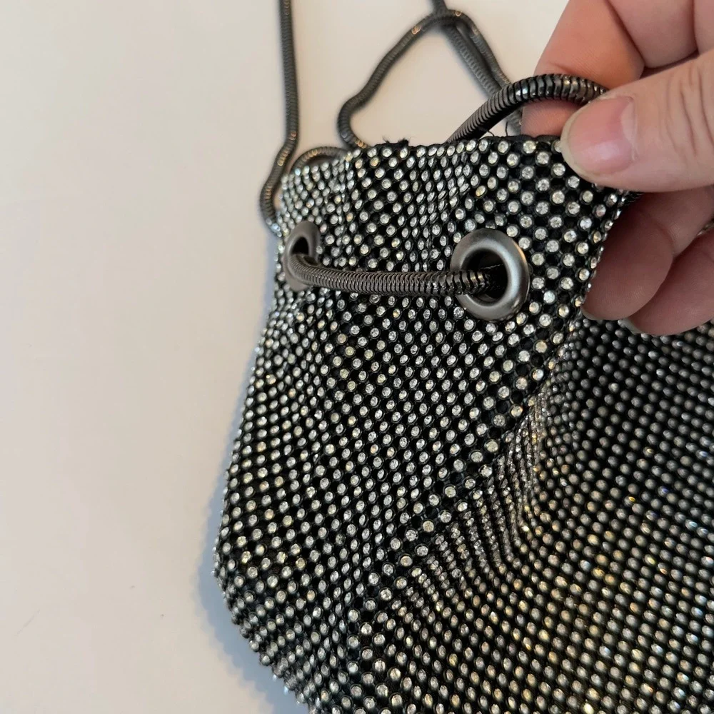 Rhinestone Mesh Evening Bag Silver Black Sparkl Snake Chain Handle Slouchy Pouch